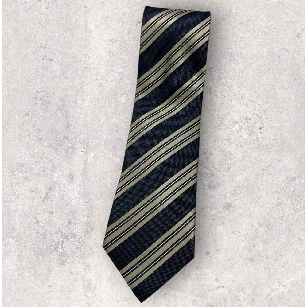 ERMENEGILDO ZEGNA Silk Tie ITALY Navy Gold Striped W:3.6" EUC
